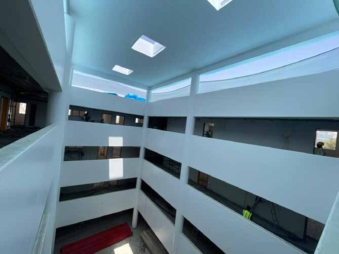 School interior atrium with skylights